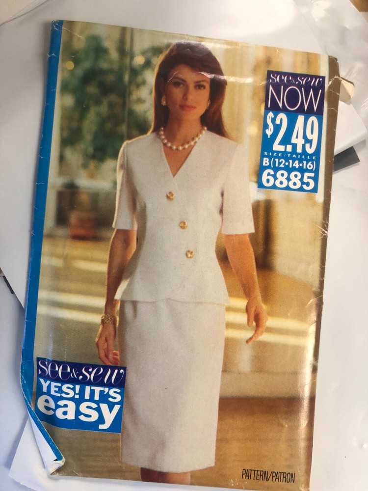 See & Sew 6885 sewing pattern, Easy Misses Skirt & Jacket , Sizes 12-16, UNCUT