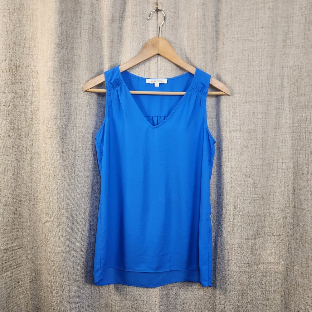 Rose + Olive Lightweight Tank Top Blouse Women's XS Blue V-Neck Ruffle Pleated