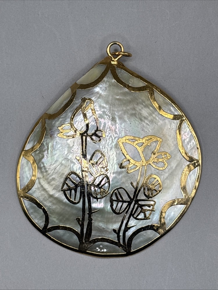 Vintage Abalone Seashell Necklace Pendant Gold Plated Overlay Roses Dipped
