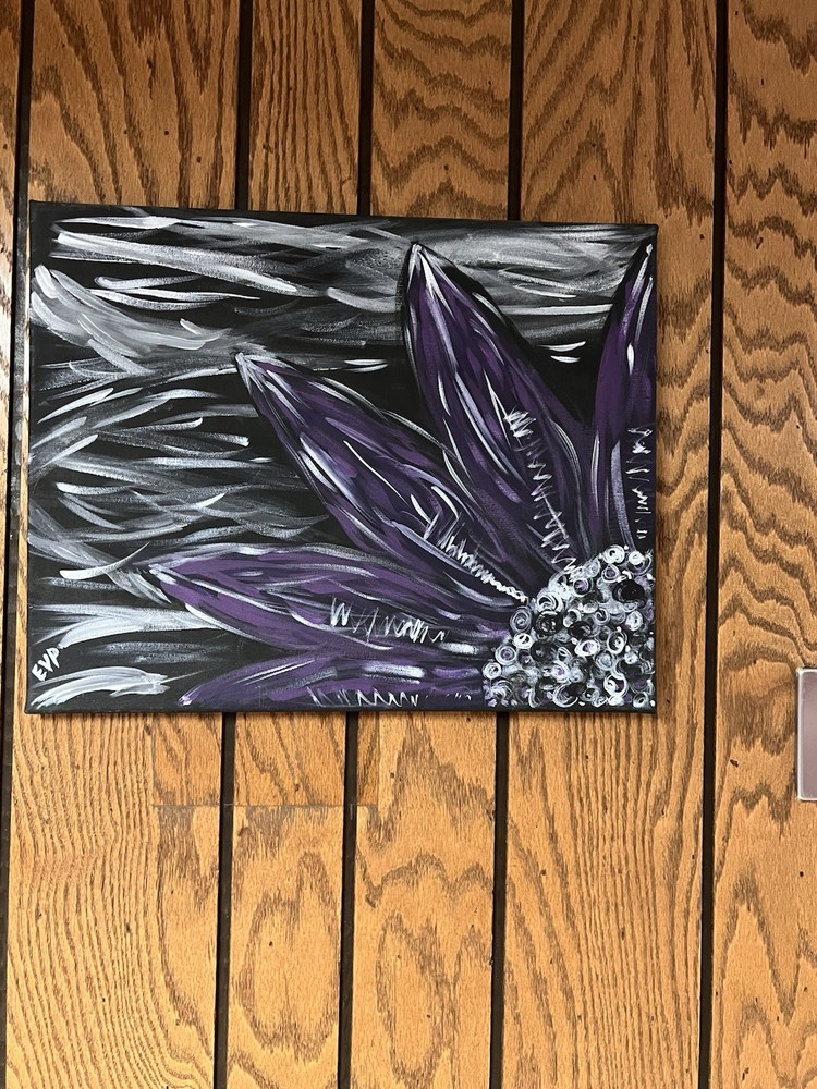Original Abstract Flower Acrylic Painting 16x20 Purple Black White Modern Canvas