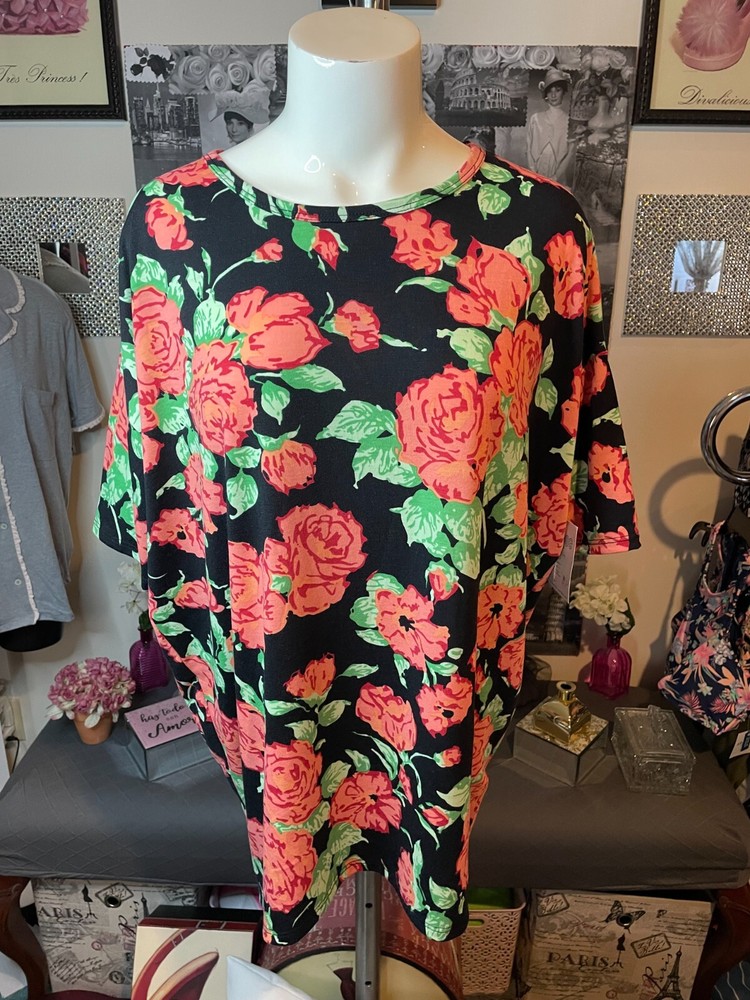 New Woman's LuLaRoe Black Red Rose Pattern Short Sleeve IRMA Top Size XS