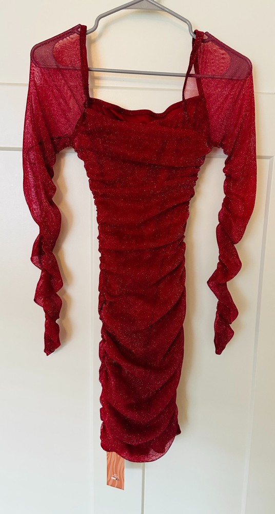 SHEIN SXY Women’s Red Glitter Ruched Bodycon Dress Long Sleeve Size M