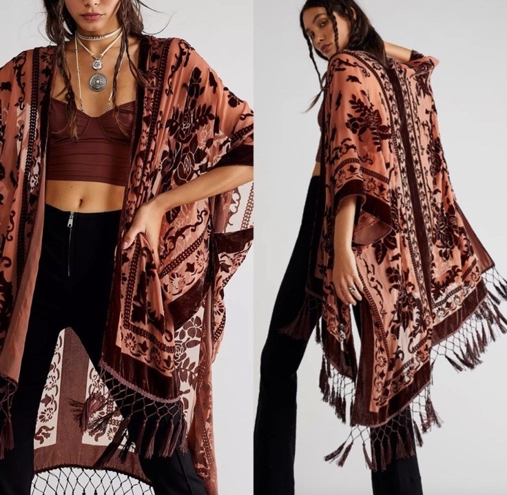 Free People Nightbird Velvet Boho Hippie Festival Burnout Duster One Size Open