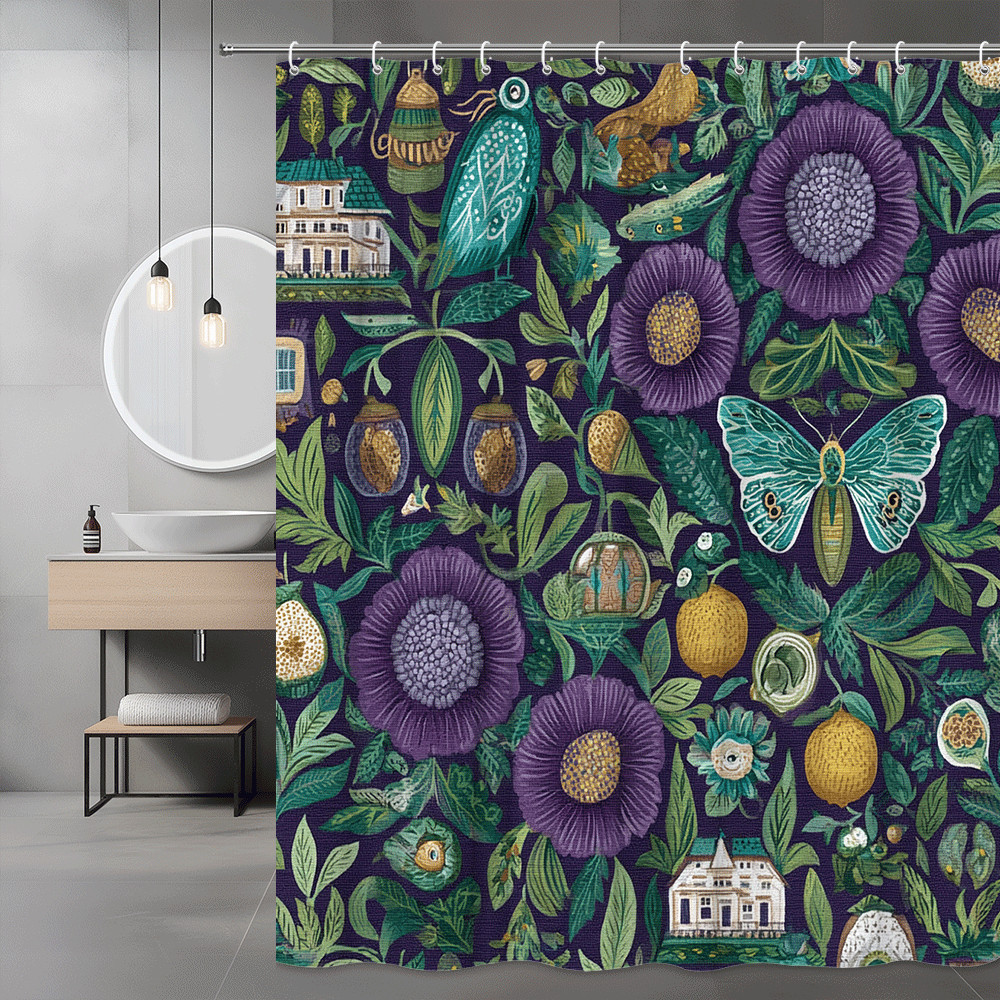 Botanical Garden Shower Curtain with Birds Butterflies and Flowers