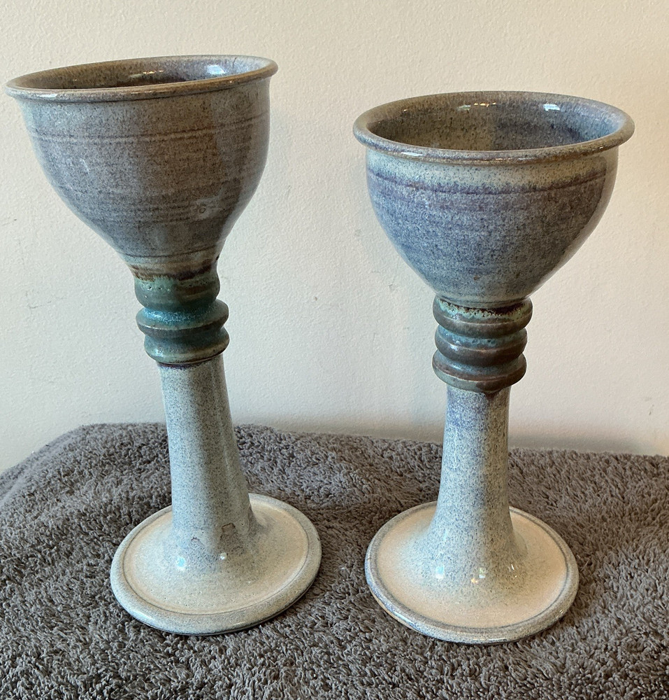 Signed Stoneware Goblet Cups Set of 2 Gray Blue Speckled Glossy Incised