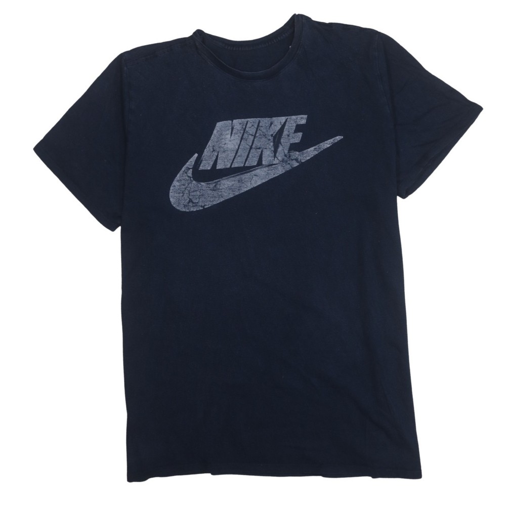 Nike Mens T Shirt Navy Blue Cotton Dri Fit Cracked Swoosh Logo Graphic Tee L