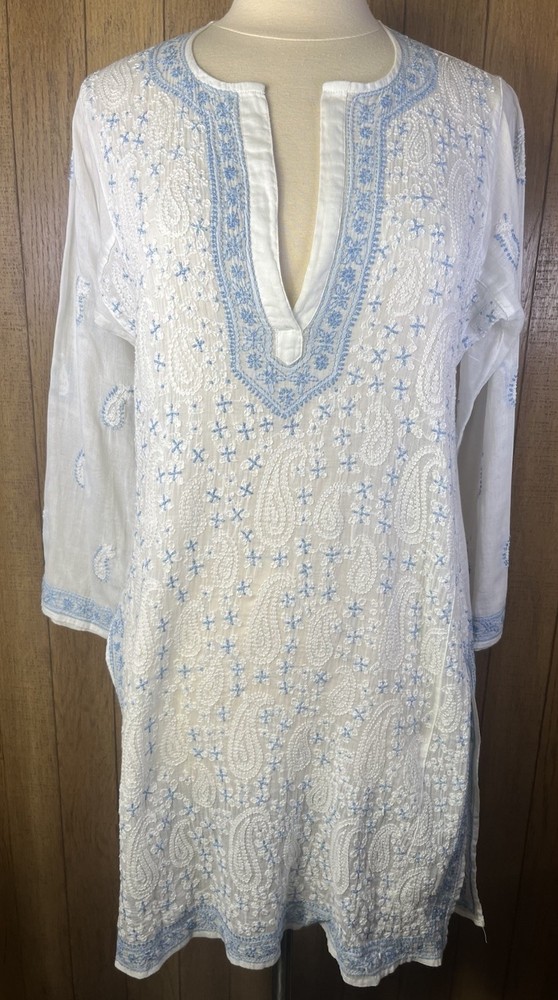Juliet Dunn (2) White & Blue Embroidered Kaftan Beach Cover Up Tunic Dress