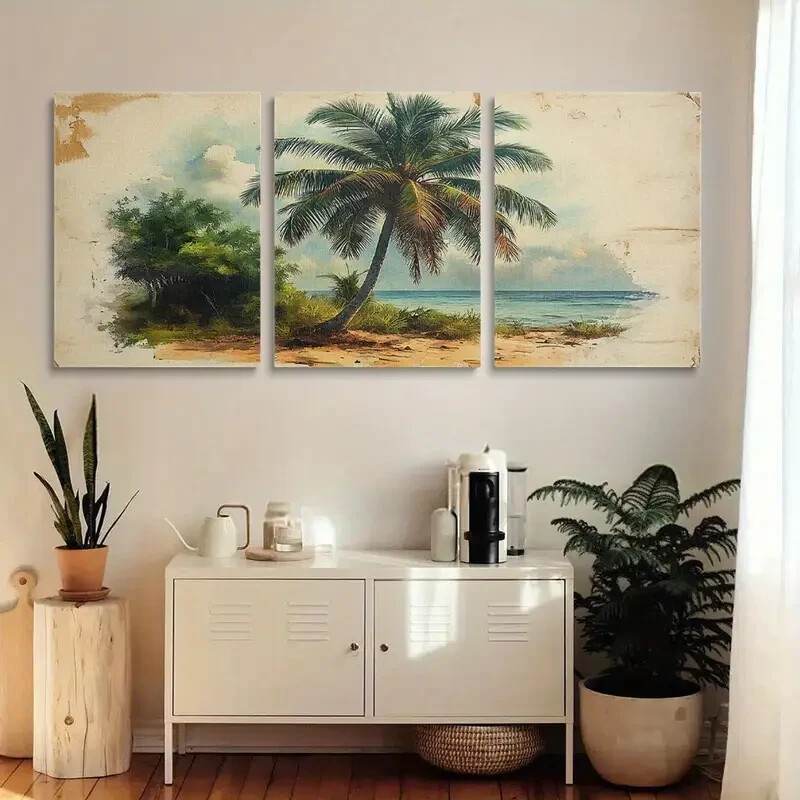 3pcs Vintage Botanical Palm Tree Metal Wall Art Ready to Hang