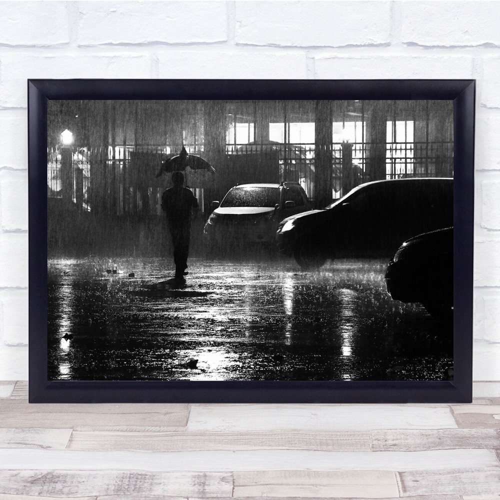 Street Raining Night Cars Wet Person Umbrella Dark Wall Art Print