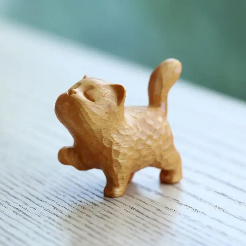 A tsundere cat -- Wooden Statue animal Carving Wood Figure Decor Children Gift