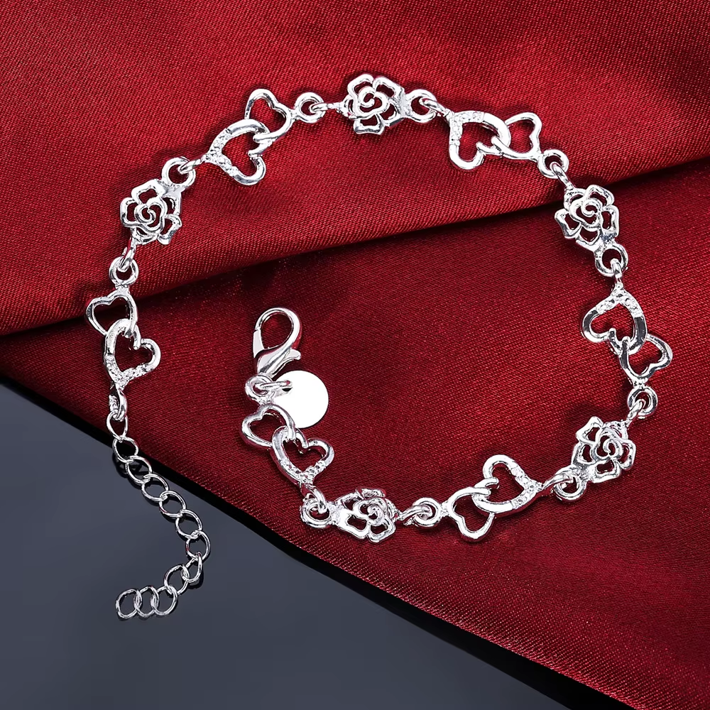 Beautiful 925 Sterling Silver Bracelet for Women Bracelet HEART Lovely FLOWER Ch