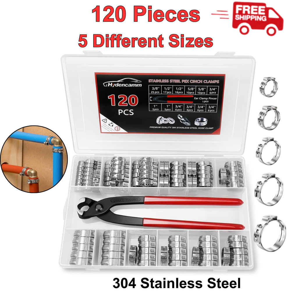Stainless Steel PEX Clamps Kit with Plier 120PCS 5 Size Crimp Rings Assortment