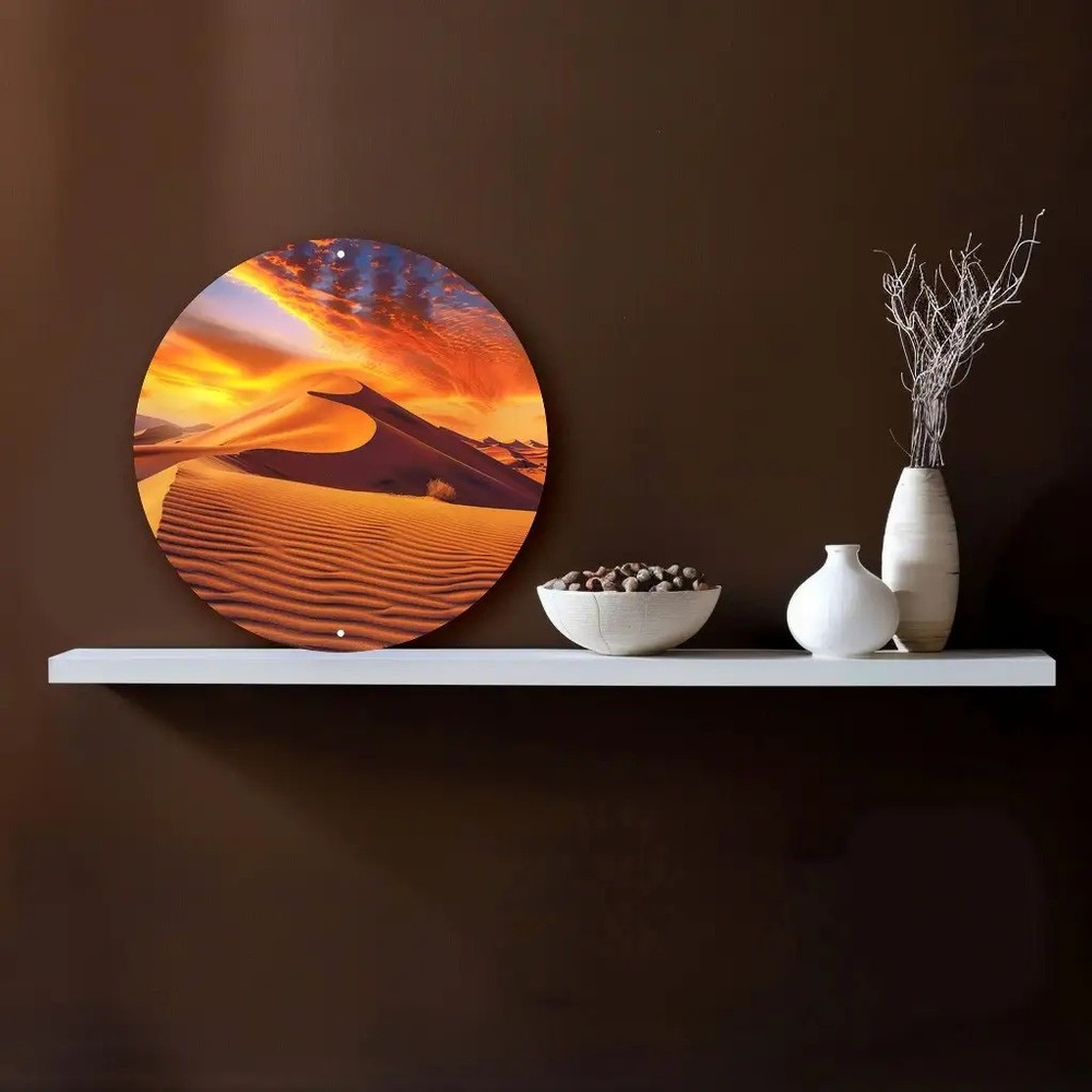 Round Desert Sunset over Dunes Metal Wall Decor Warm Tones