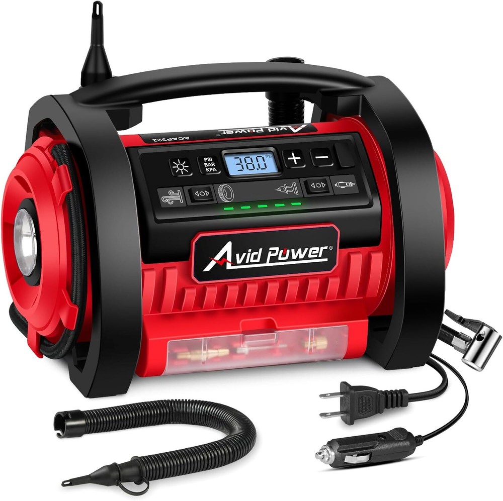Portable Tire Inflator Air Compressor 12V DC 120V AC for Car Tires and Air Mattresses