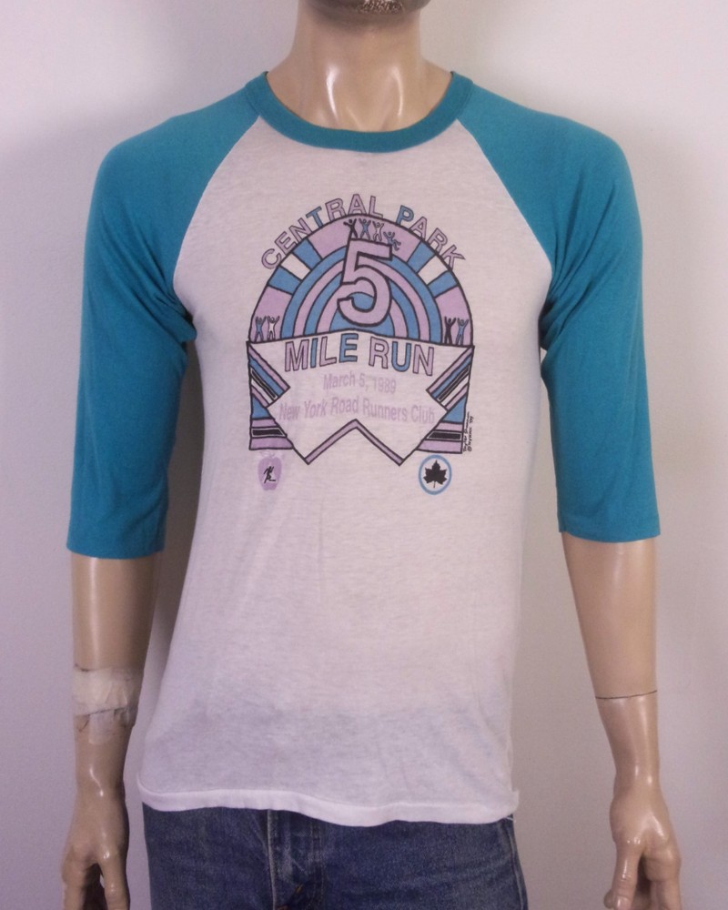 vintage 80s single stitch Raglan Sleeve CENTRAL PARK 5 mile run T-Shirt thin L