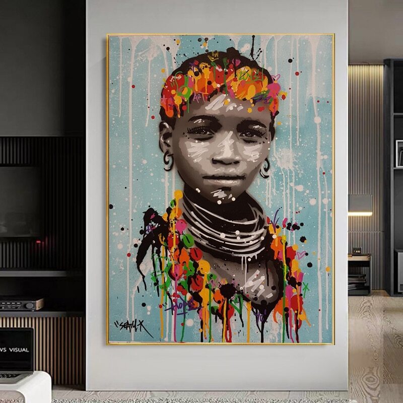 Canvas Painting Graffiti Black African Woman Wall Art Abstract Poster Prints Art-image