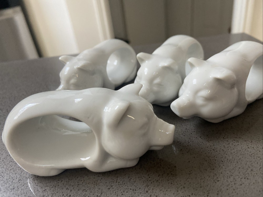 Set of 4 Vintage Mid-Century Modern Japanese Porcelain Pig Napkin Holders – Retro MCM Tableware for Stylish Dining Décor