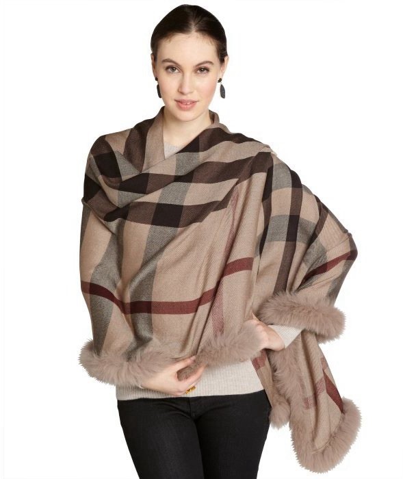 Burberry khaki plaid cashmere silk fox trim wrap coat $2775