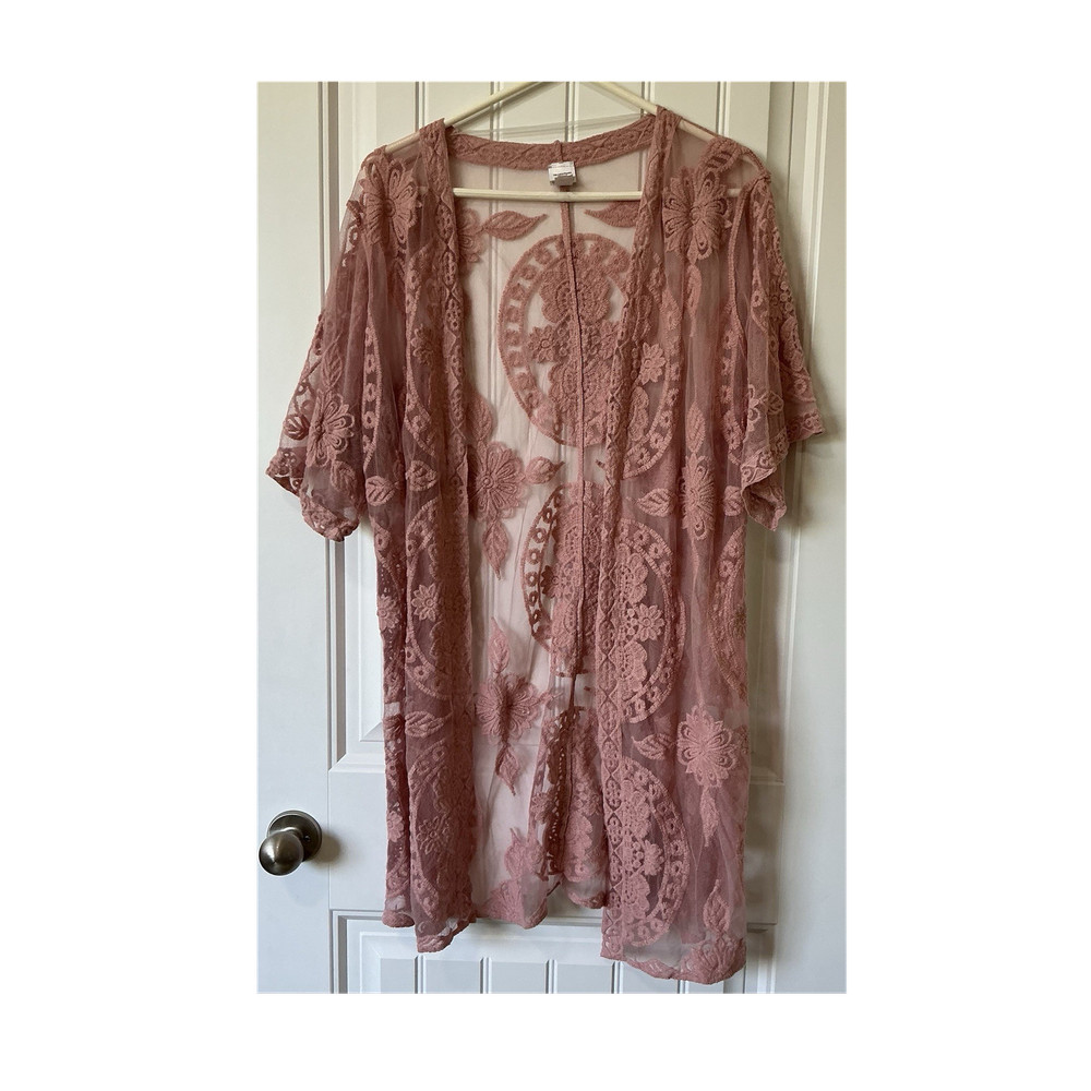 Boho Lace Kimono Cardigan Pink Floral Sheer Open Front S M Festival