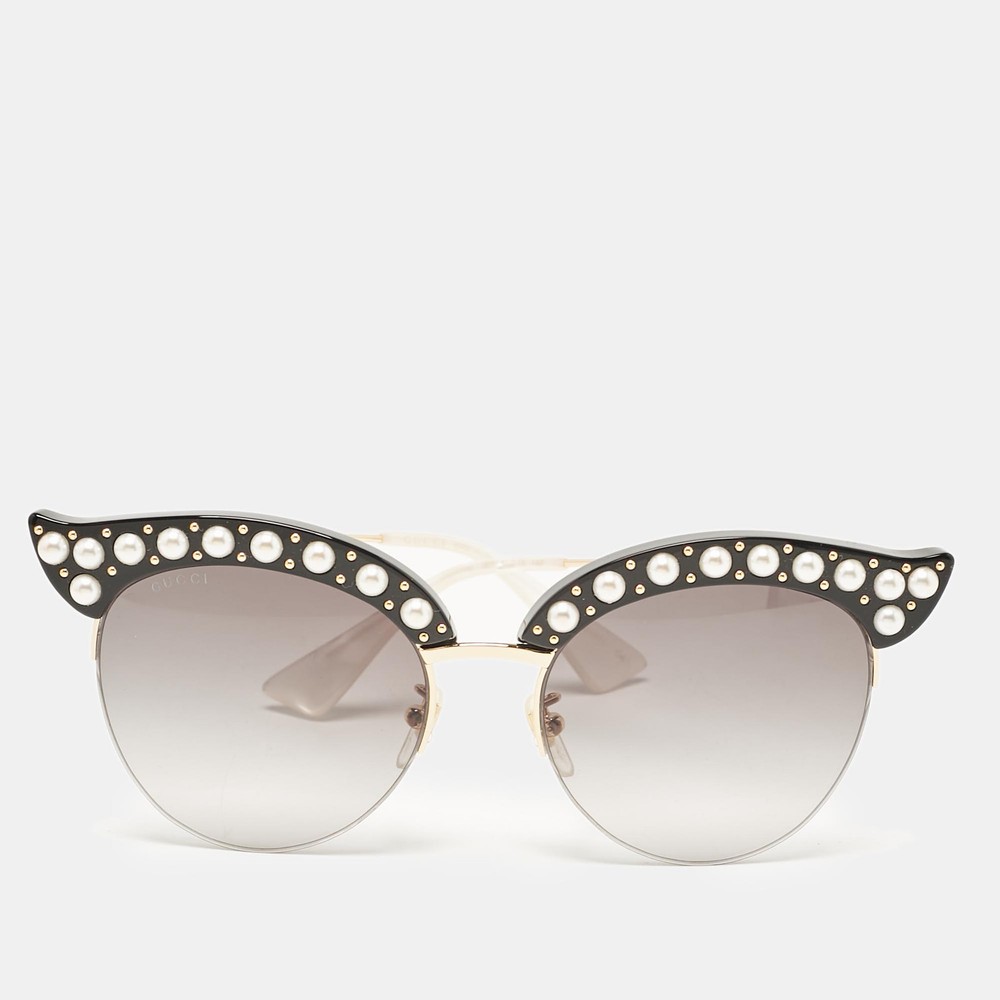 Gucci GG0212S Black Grey Gradient Pearl Studded Cat Eye Sunglasses