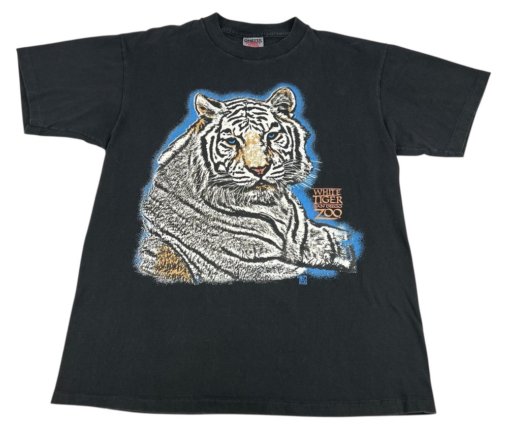Vintage 90s White Tiger T-Shirt Single Stitch Double Sided Mens Large USA Made