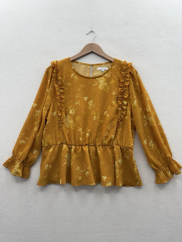 Madewell Womens XL Floral Peplum Peasant Blouse with Ruffle Shoulder in Yellow