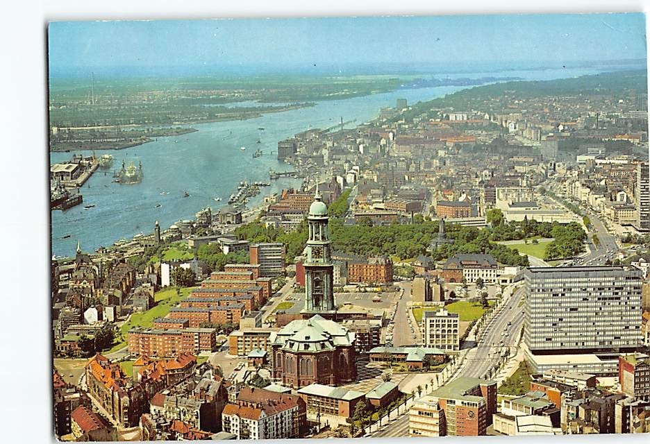 Postcard Aerial View St. Michael's Church & Harbor in Hamburg Germany