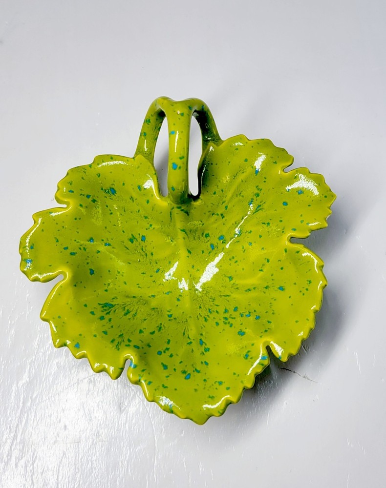 Studio Art Pottery Bright Green And Blue Drip Glaze Leaf Dish, Signed