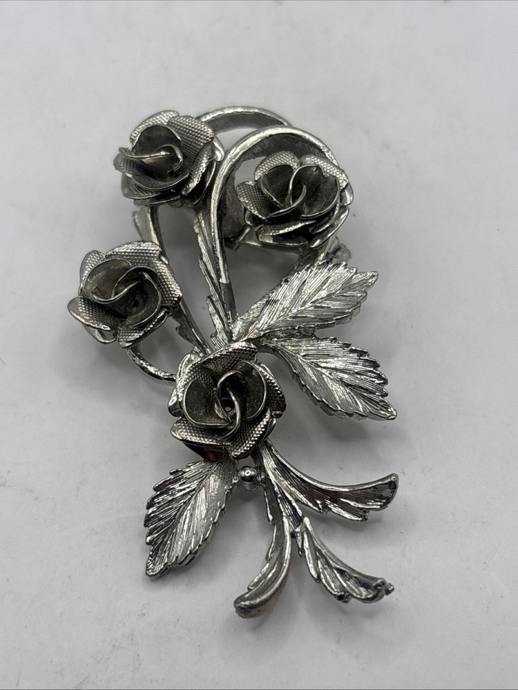 Vintage Coro Flower Bouquet Silver Tone Leaves & Roses Textured Brooch Pin