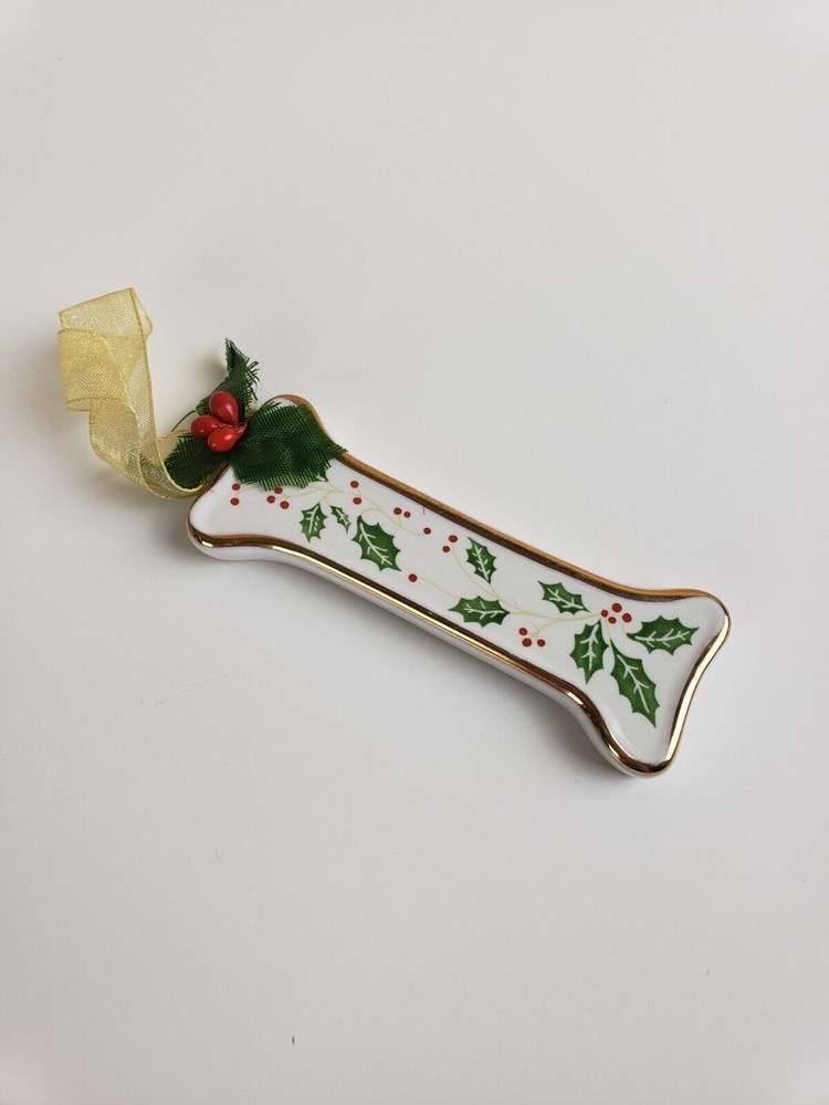 Ceramic Dog Bone Christmas Ornament with Berries & Holly Leaves