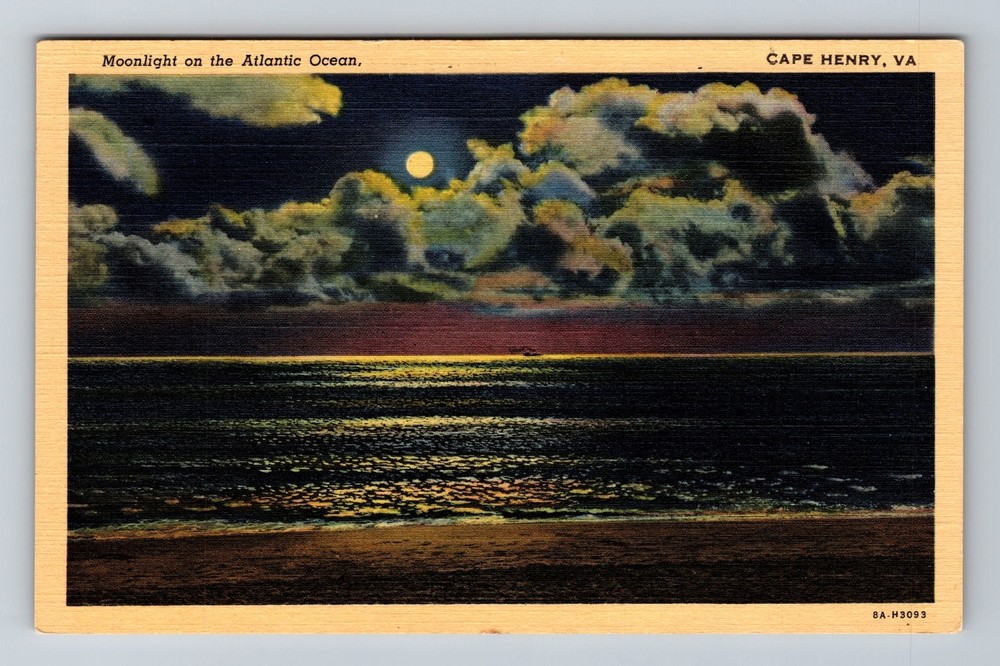 Cape Henry VA-Virginia Moonlight On The Atlantic Ocean Vintage Postcard Post PC