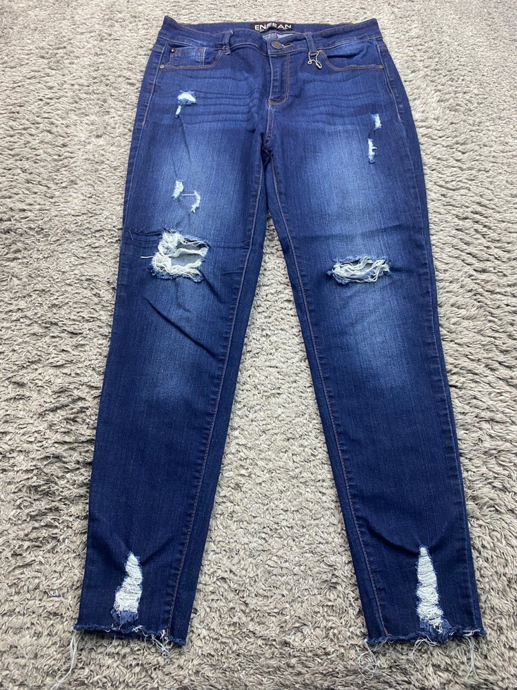 Enjean Jeans Women 15 Dark Wash Distressed Skinny Ankle High Rise Frayed Denim