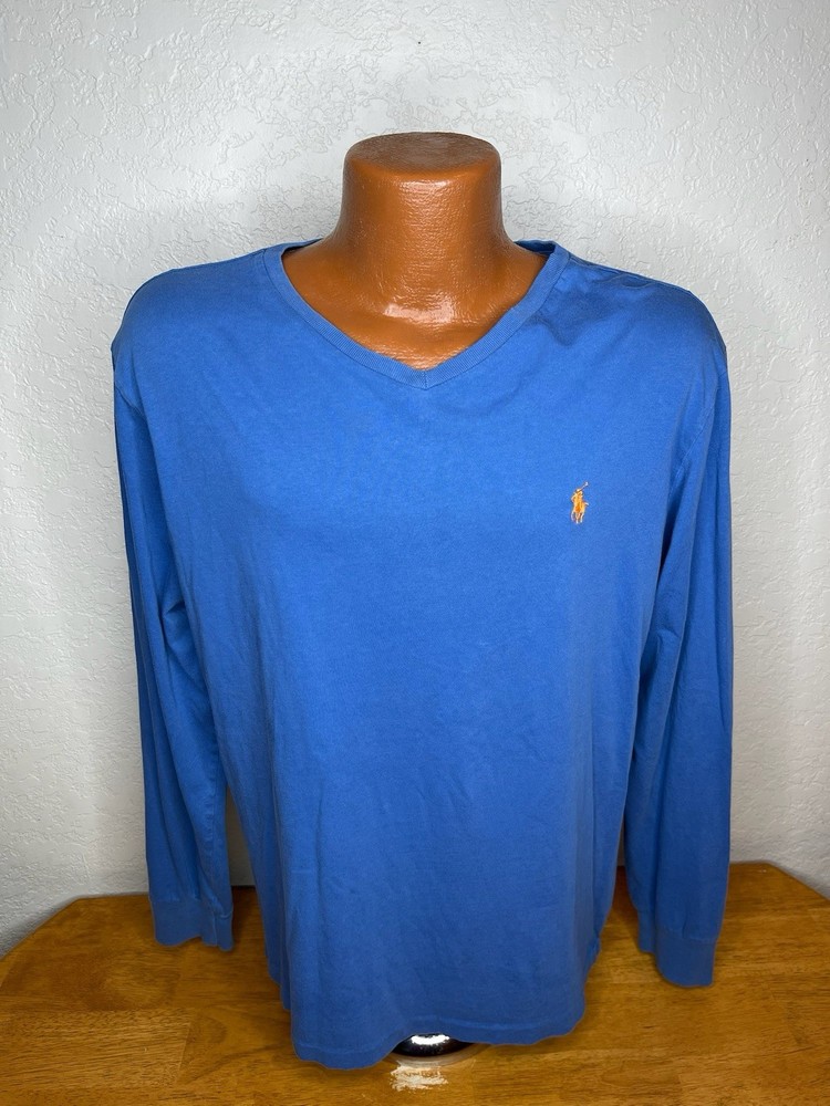 Men's Polo by Ralph Lauren L/S Classic V-Neck T-Shirt Large L - Blue - Cotton
