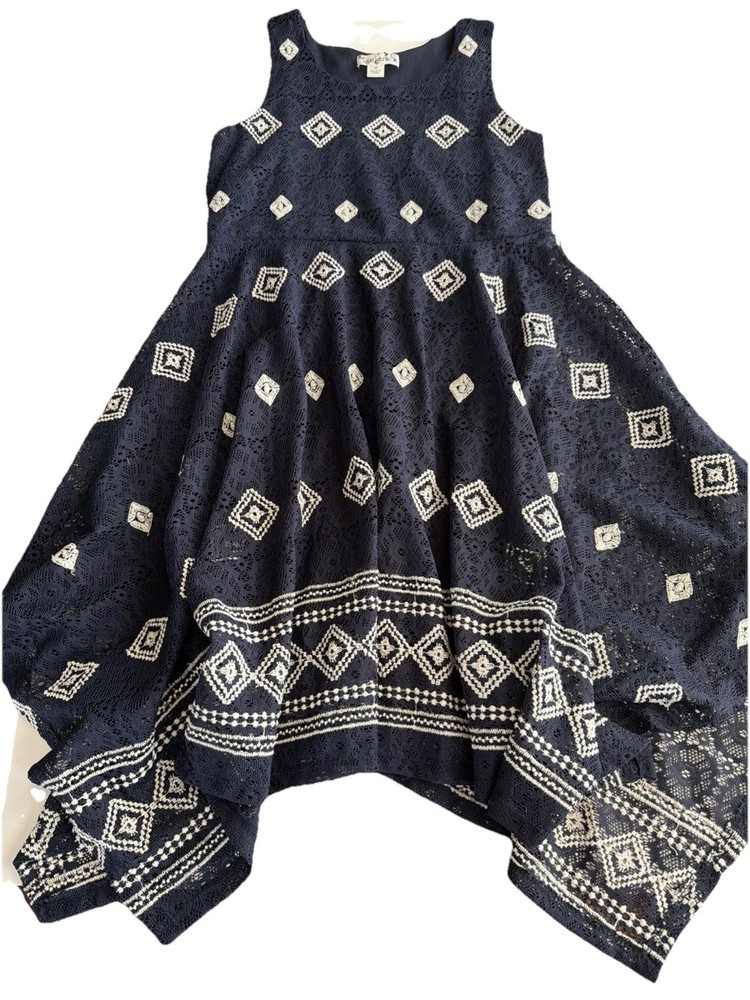Knit Works Girls Navy Blue White Design Lace Overlay Dress Size 16
