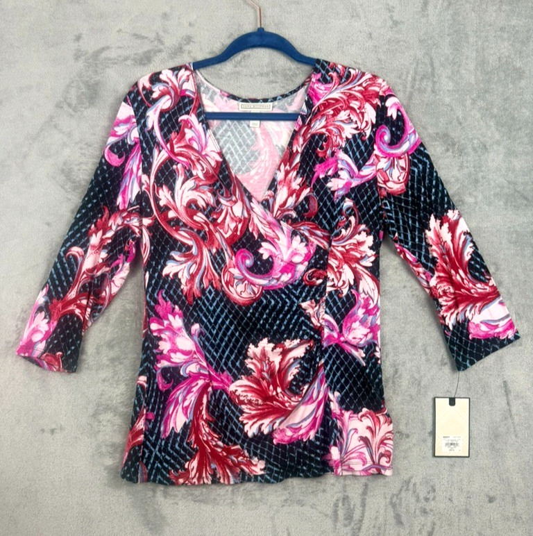 Dana Buchman Women’s Top Large Pink Black Wrap Style Stretch 3/4 Sleeve NWT