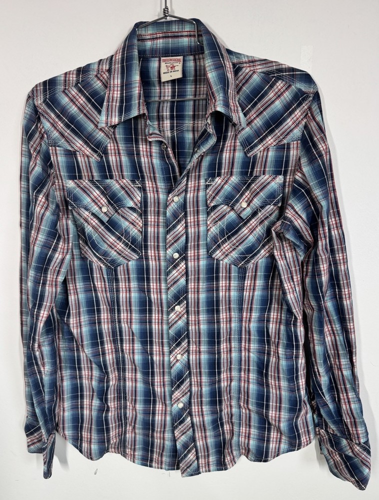 True Religion Long Sleeve Blue Plaid Pearl Snap Up Pocket Shirt Men's L Western