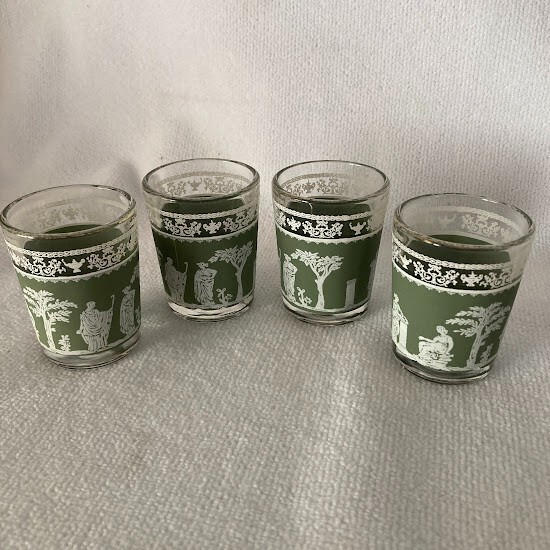 (4) Vintage Jeanette Glass Wedgewood Grecian Green Hellenic Shot Glasses 2 1/4”