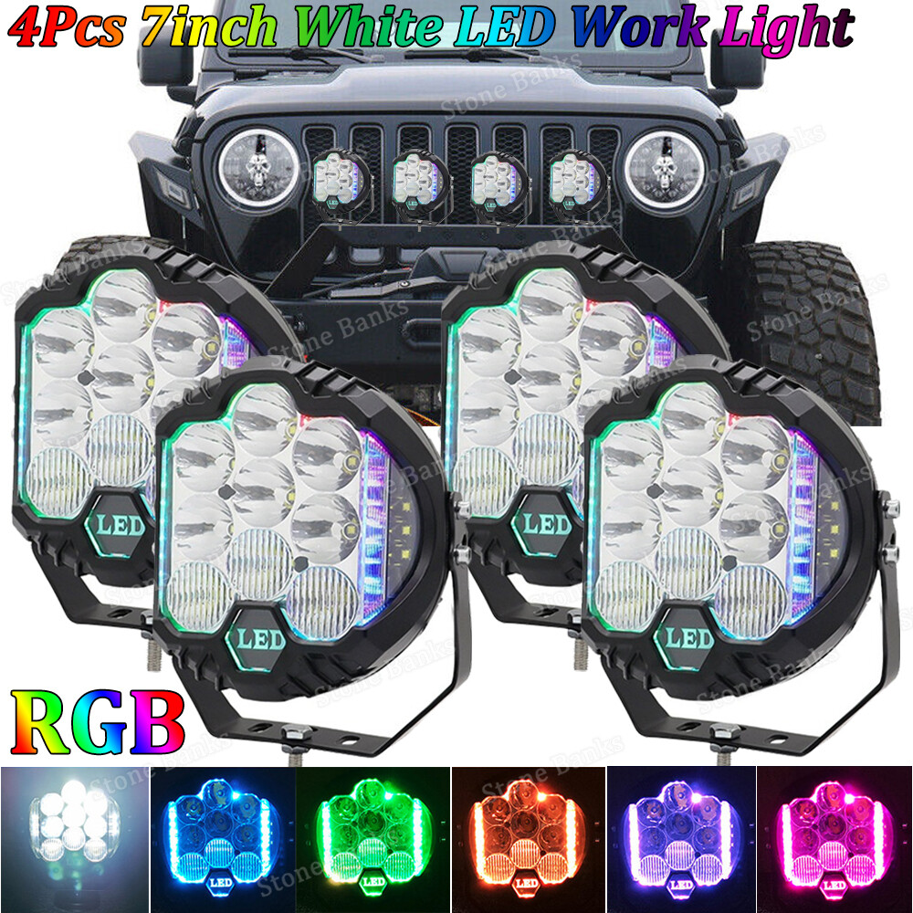 RGB 7inch 90W LED Work Light Spot Flood Combo Fog Lamp Offroad Truck SUV Driving