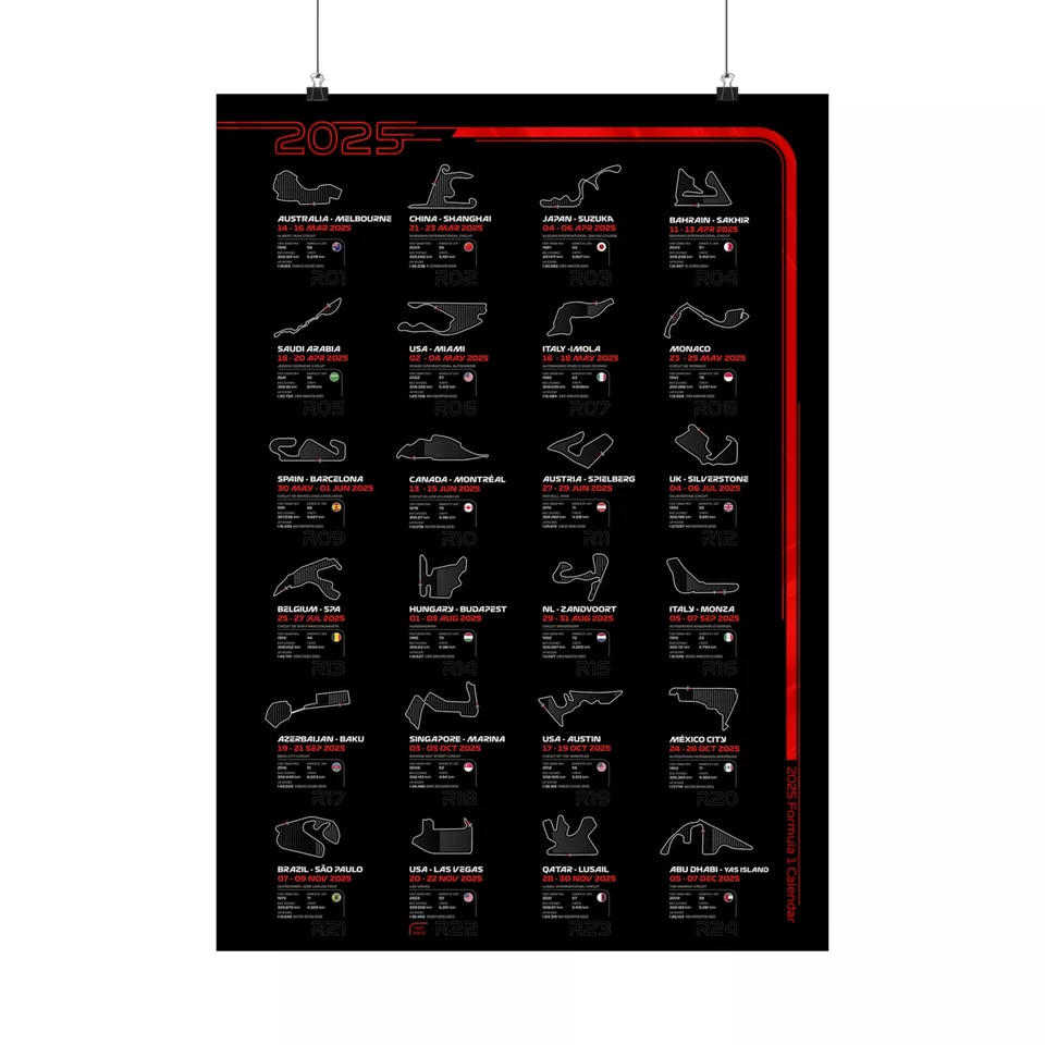 Formula 1 2025 Season Calendar Posters