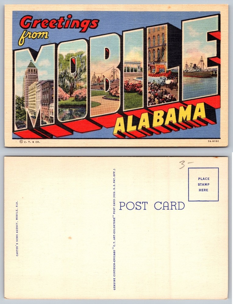 Vintage Greetings from Mobile Alabama Large Letter Linen Postcard 1937