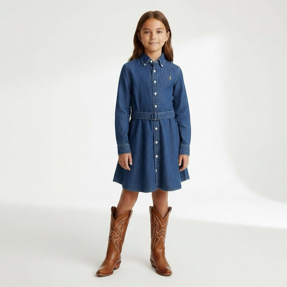 Polo Ralph Lauren Girls Size 7 Blue Denim Shirt Dress Belted Long Sleeve