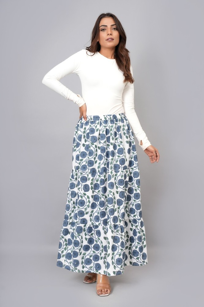 Women Block Printed 100% Cotton Maxi Long Skirt with Elastic Waist - Blue Floral