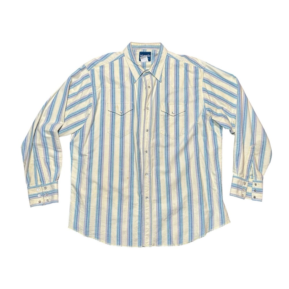 Wrangler Men's Pearl Snap Long Sleeve Western Shirt Blue Yellow 2XL Vintage