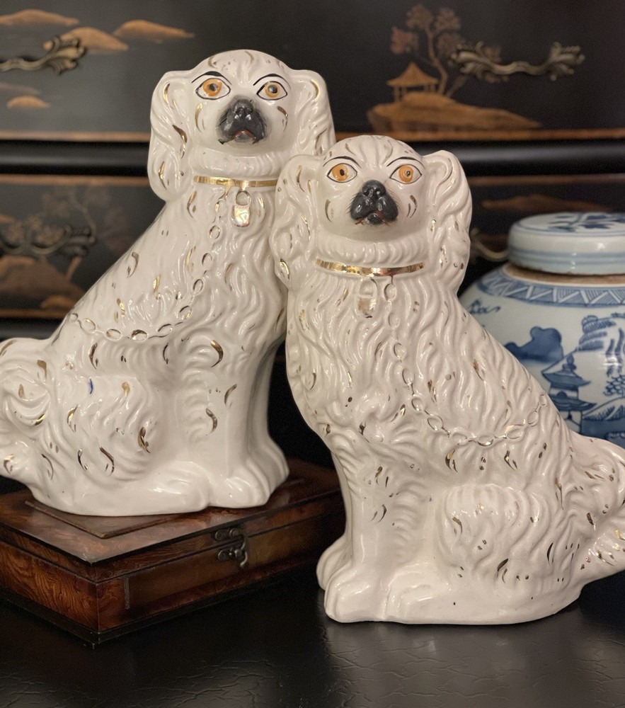 Gorgeous Large Rare 19C White Staffordshire Royal Spaniel Mantle Dog Pair 11.75”