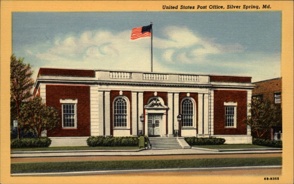 Post Office Silver Spring Maryland flag architecture ~ 1930s linen postcard