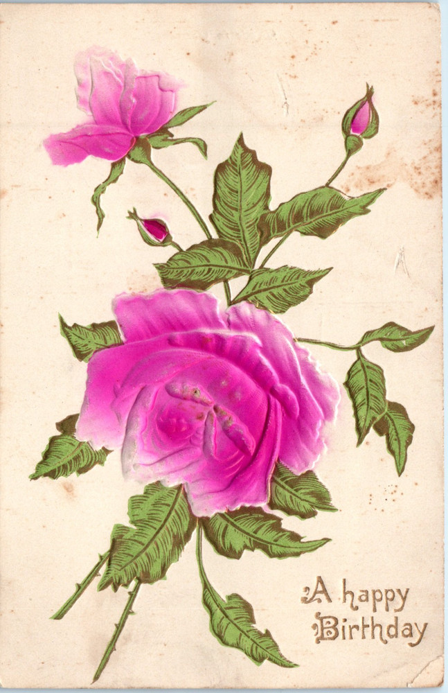 Vintage - Lovely Embossed Happy Birthday Hand Painted Roses - Postcard - P12
