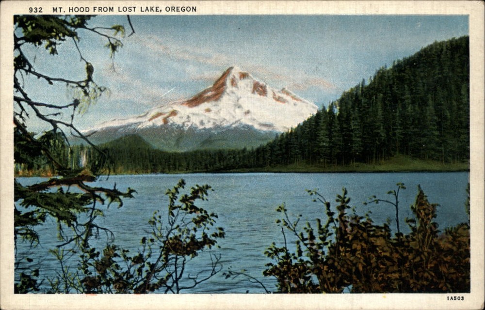 Oregon Mt Hood from Lost Lake snow-capped 1940s linen ~ unused postcard sku305