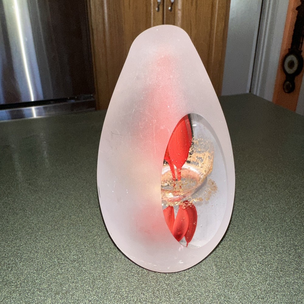 Vintage Hand Blown Art Glass Paperweight with Frosted Swirl & Red Abstract Dec.-image