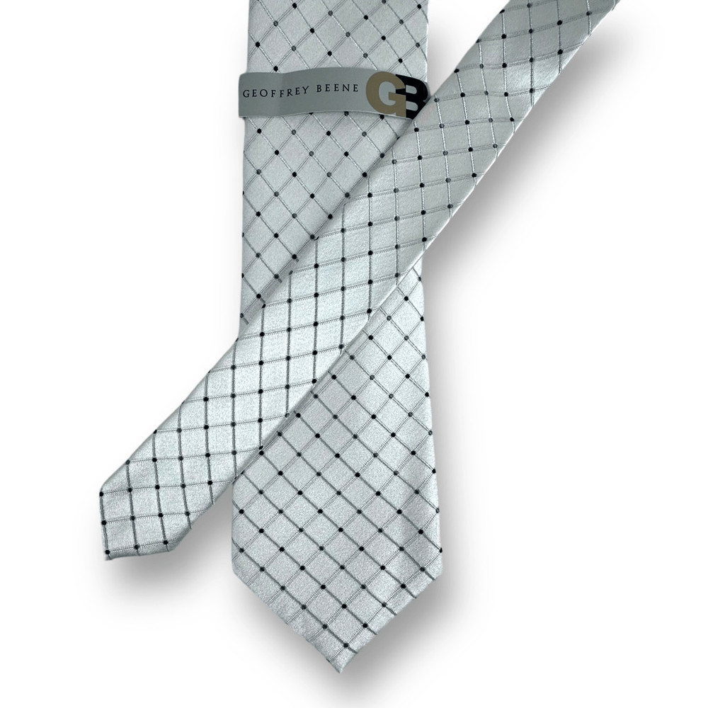 Geoffrey Beene Men's 100% Silk Neck Tie Silver Grid Dot Print Semi Formal New