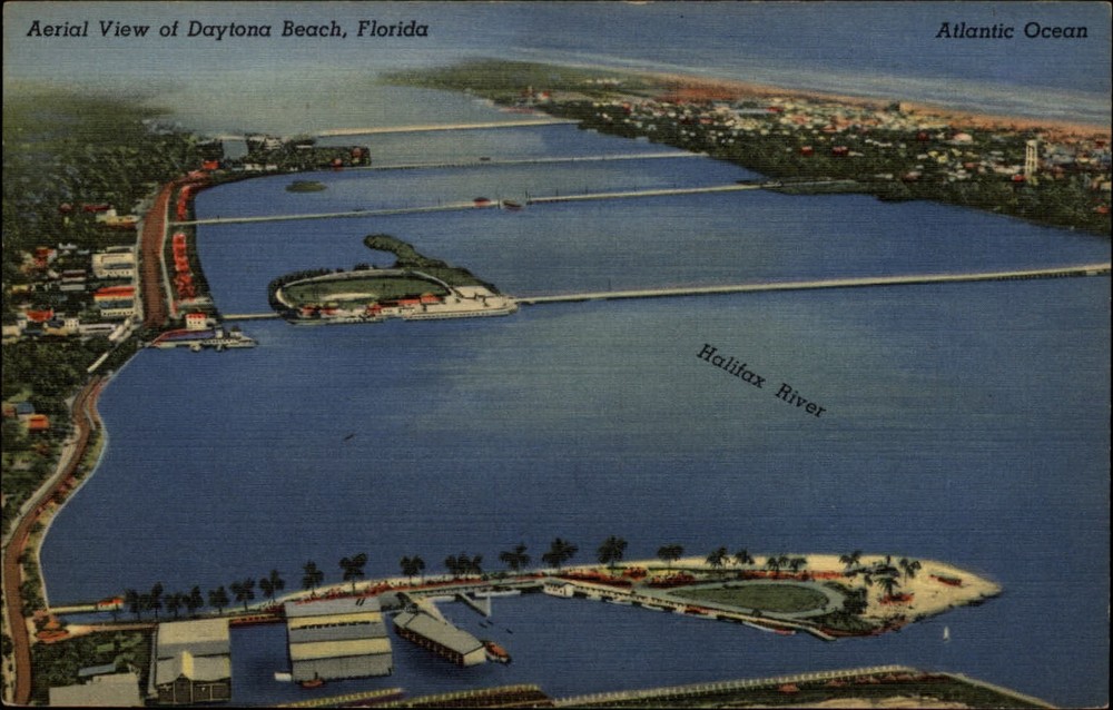 Daytona Beach Florida aerial view piers Halifax River Inland Water Way ~ 1940s